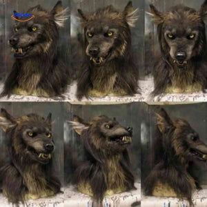 360-degree view of latex wolf mask showing realistic details from multiple angles.