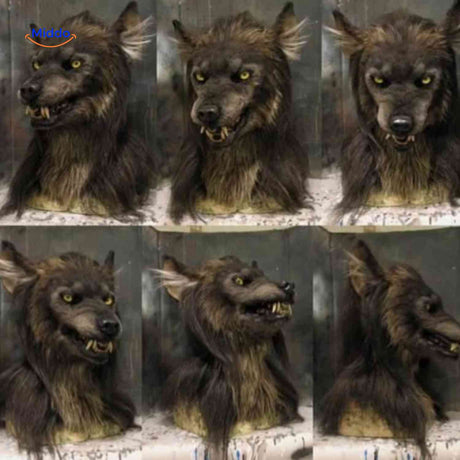 360-degree view of latex wolf mask showing realistic details from multiple angles.