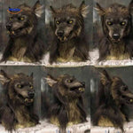 360-degree view of latex wolf mask showing realistic details from multiple angles.