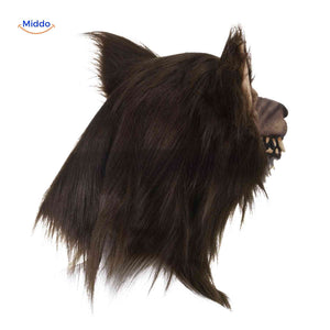 Side profile of latex wolf mask showing realistic fur texture and sharp teeth details.
