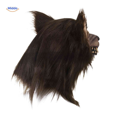 Side profile of latex wolf mask showing realistic fur texture and sharp teeth details.