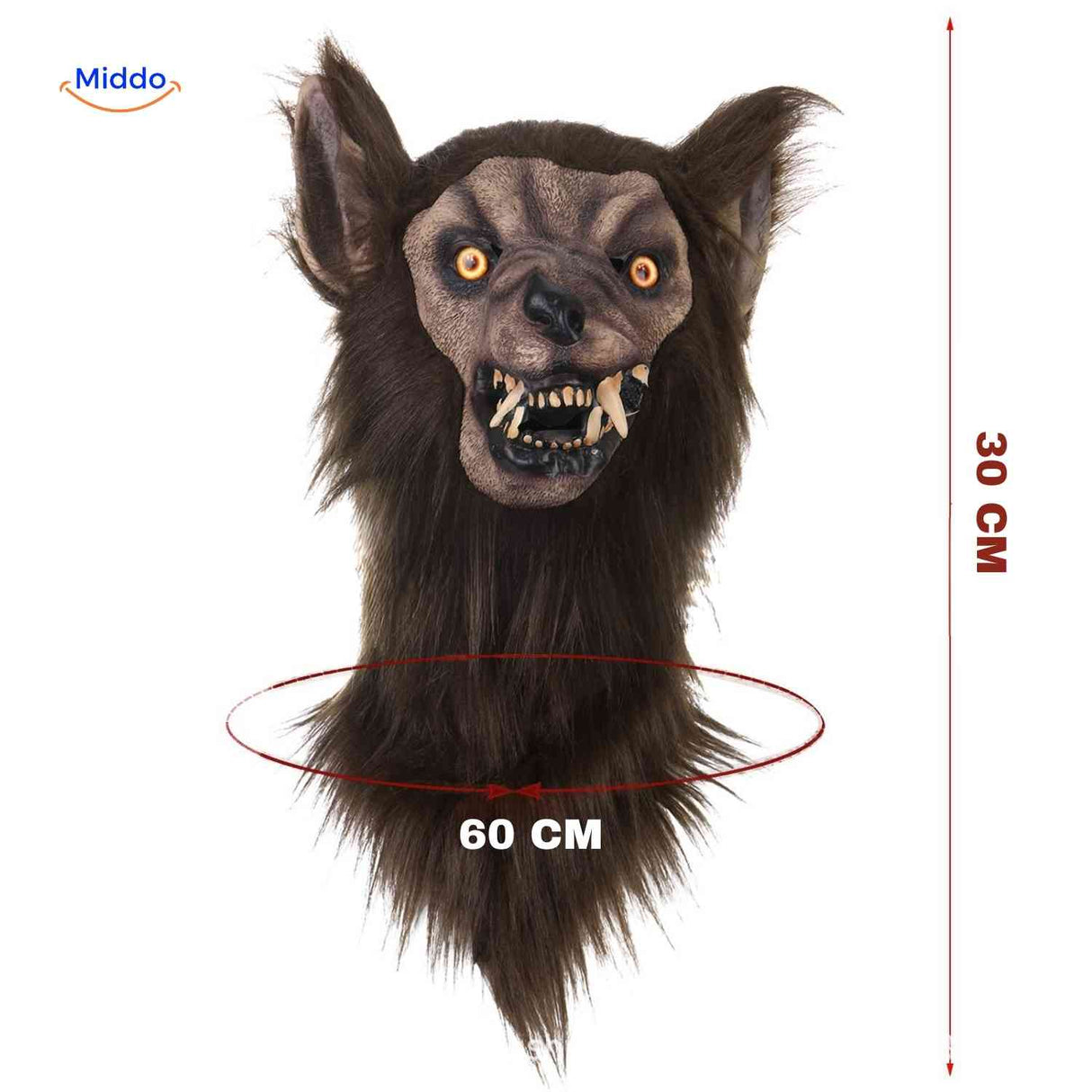 Wolf mask displayed with size measurement showing 60cm dimensions for fit reference.