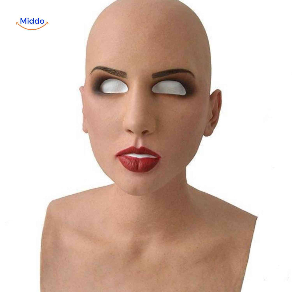 Aged woman latex mask with makeup, red lips, and detailed features.