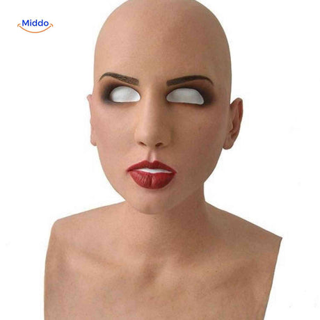 Aged woman latex mask with makeup, red lips, and detailed features.