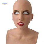 Aged woman latex mask with makeup, red lips, and detailed features.