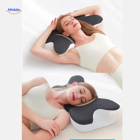Woman sleeping peacefully with ergonomic memory foam pillow for neck support