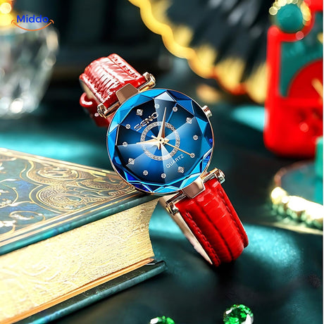 Second clean product photo of the women's gold elegance watch with leather strap.
