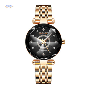 Women's quartz stainless steel watch in black and gold color combination.