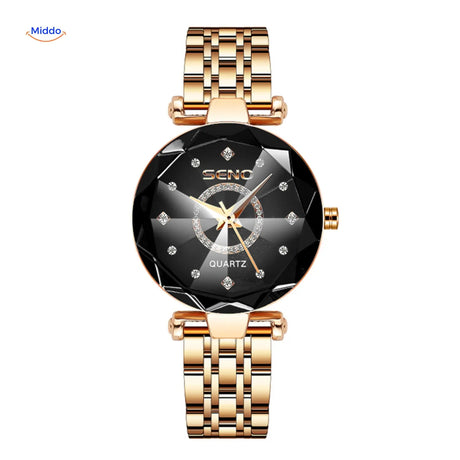Women's quartz stainless steel watch in black and gold color combination.