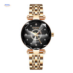 Women's quartz stainless steel watch in black and gold color combination.