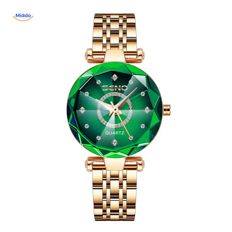 Women's quartz stainless steel watch in green and gold color combination.