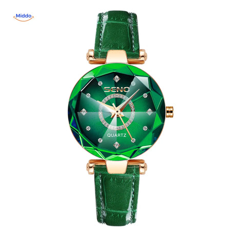 Women's quartz stainless steel watch with green leather strap, full product view.