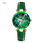Women's quartz stainless steel watch with green leather strap, full product view.