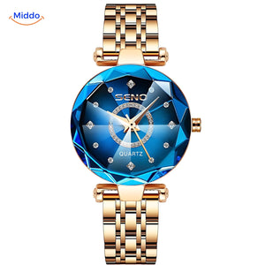 Women's elegance watch in gold with a blue leather strap, color variant view.
