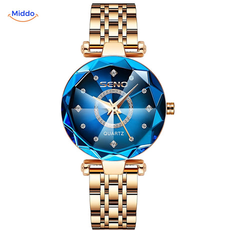 Women's elegance watch in gold with a blue leather strap, color variant view.