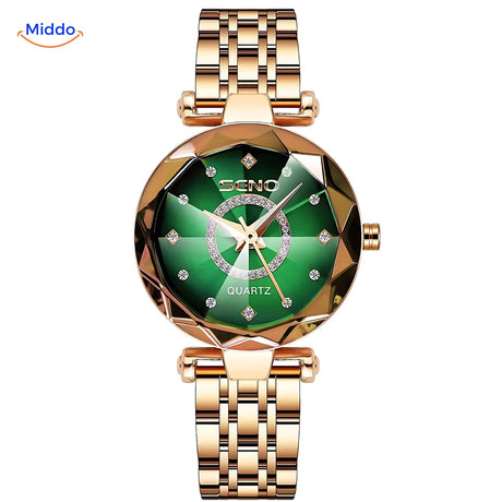 Women's elegance watch with gold case and green leather strap color variant.