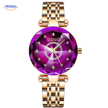 Women's elegance watch with gold case and pink leather strap color variant.
