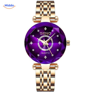 Women's elegance watch with gold case and purple leather strap color variant.
