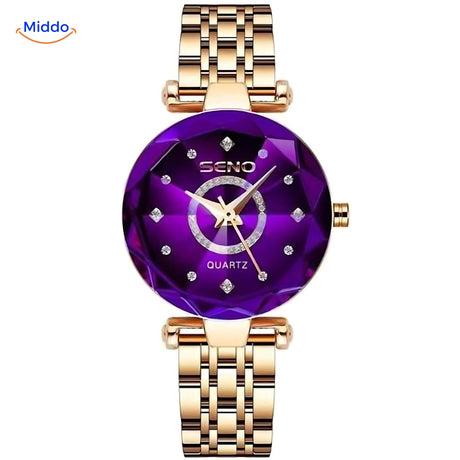 Women's elegance watch with gold case and purple leather strap color variant.