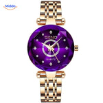 Women's elegance watch with gold case and purple leather strap color variant.
