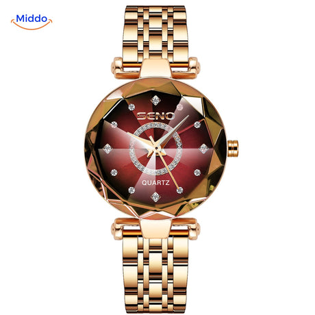 Women's elegance watch with gold case and red leather strap color variant.