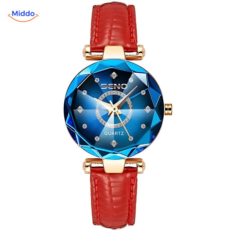 Women's stainless steel watch with red case and blue leather strap variant.