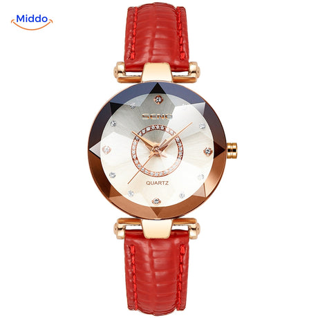 Women's stainless steel watch with red case and gold leather strap variant.