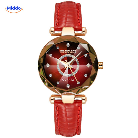 Women's stainless steel watch with red case and matching red leather strap.