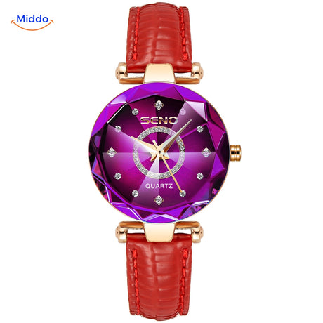 Women's stainless steel watch with red case and purple leather strap variant.