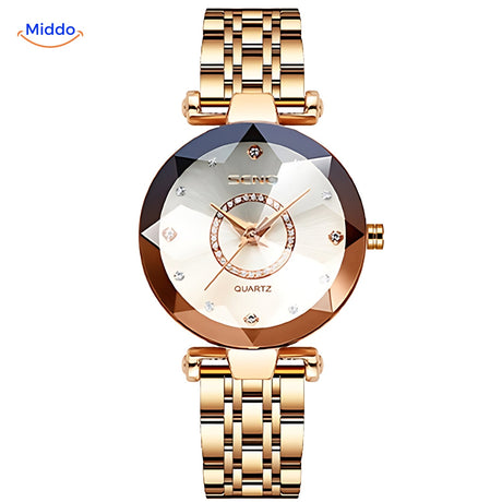 Women's stainless steel watch in rose gold finish, full product view.