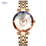 Women's stainless steel watch in rose gold finish, full product view.