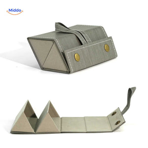 Wood-grain grey 2-slot foldable eyeglasses case shown closed with realistic wood-texture finish.