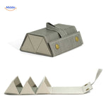 Wood-grain grey 3-slot foldable eyeglasses case open showing three lined compartments.