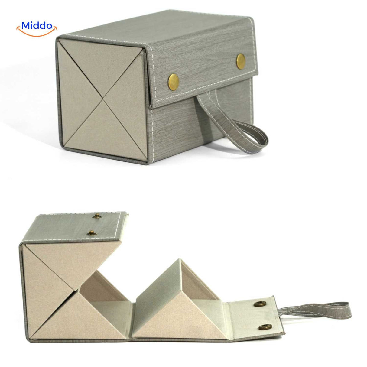 Wood-grain grey 4-slot foldable eyeglasses travel case displayed open for glasses storage.
