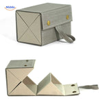 Wood-grain grey 4-slot foldable eyeglasses travel case displayed open for glasses storage.