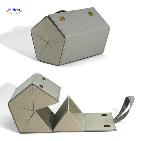 Wood-grain grey 5-slot luxury foldable eyeglasses case open with all five slots on display.