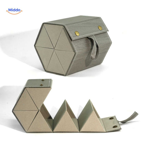 Wood-grain grey 6-slot multi-compartment foldable eyeglasses storage case fully open.