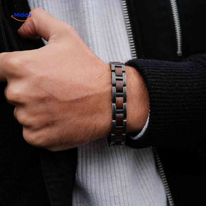 Woodforge wood and metal bracelet worn on wrist showcasing comfortable all-day fit.