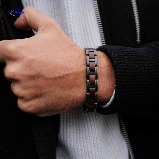 Woodforge wood and metal bracelet worn on wrist showcasing comfortable all-day fit.