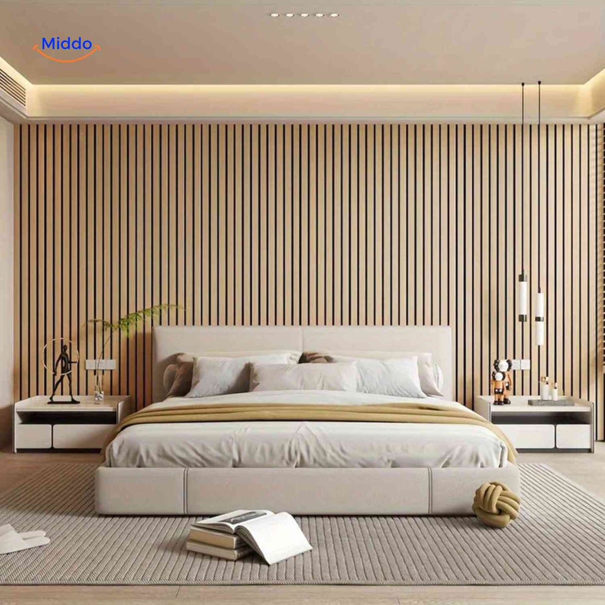 3D wood wall panels creating a modern minimalist accent wall in a bedroom interior.