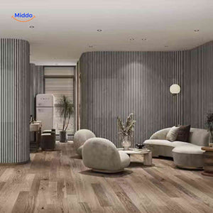 3D wood slat panels applied to both the ceiling and wall for a cohesive interior design.