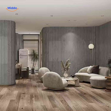 3D wood slat panels applied to both the ceiling and wall for a cohesive interior design.