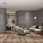 3D wood slat panels applied to both the ceiling and wall for a cohesive interior design.