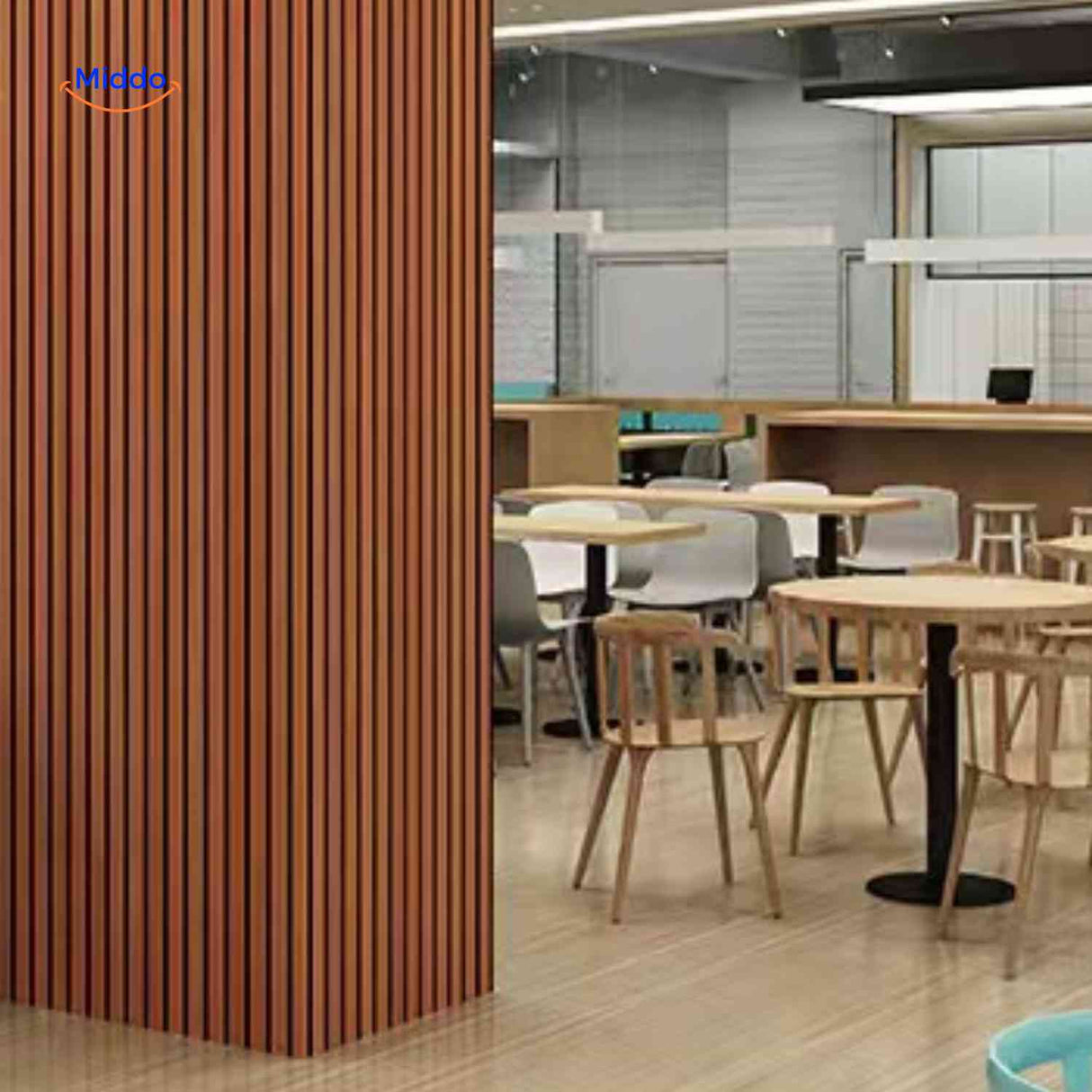 Self-adhesive 3D slat panels installed on a ceiling showing a clean linear slat pattern.