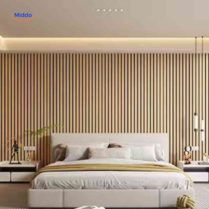 Warm wood slat 3D wall panels installed across a restaurant feature wall.