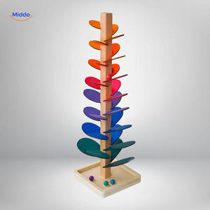 Ball run tree construction with bright colorful leaf components.