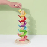 Complete wooden ball run tree overview showing colorful construction.