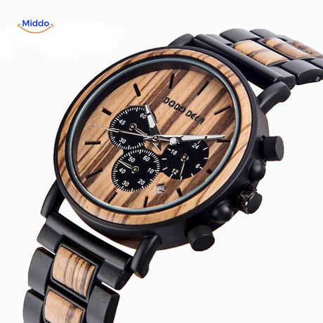 Wooden chronograph watch with black steel bezel and case.