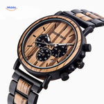 Wooden chronograph watch with black steel bezel and case.
