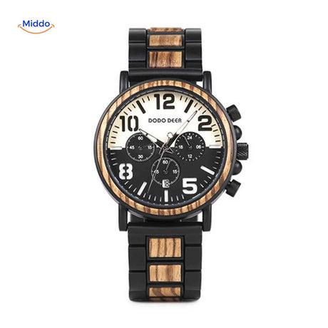 Bold rugged wooden chronograph watch showing sporty design.